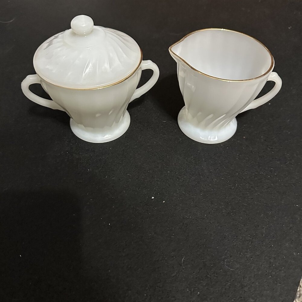 Vintage Anchor Hocking Milk Glass Swirl Creamer Sugar Bowl Gold Trim